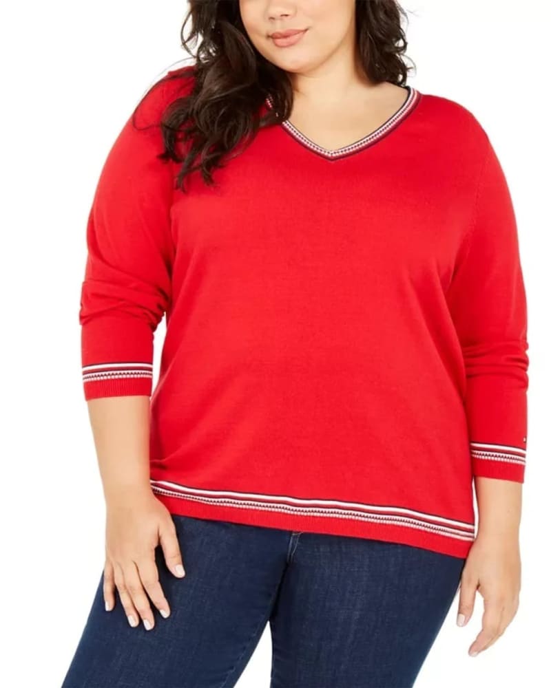 Front of a model wearing a size 1X Tommy Hilfiger Women's Plus Size Ivy Contrast-Trim Cotton Sweater Medium Red Size 1X in Red by Tommy Hilfiger. | dia_product_style_image_id:314369